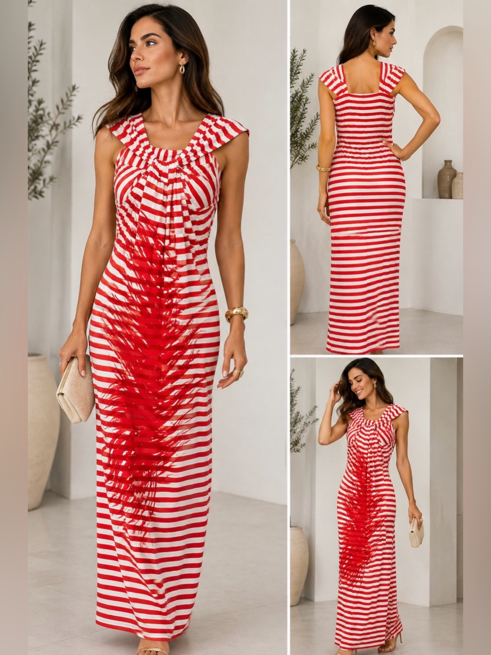Isabel de Pedro Red White Striped Ruched Maxi Dress Size 8